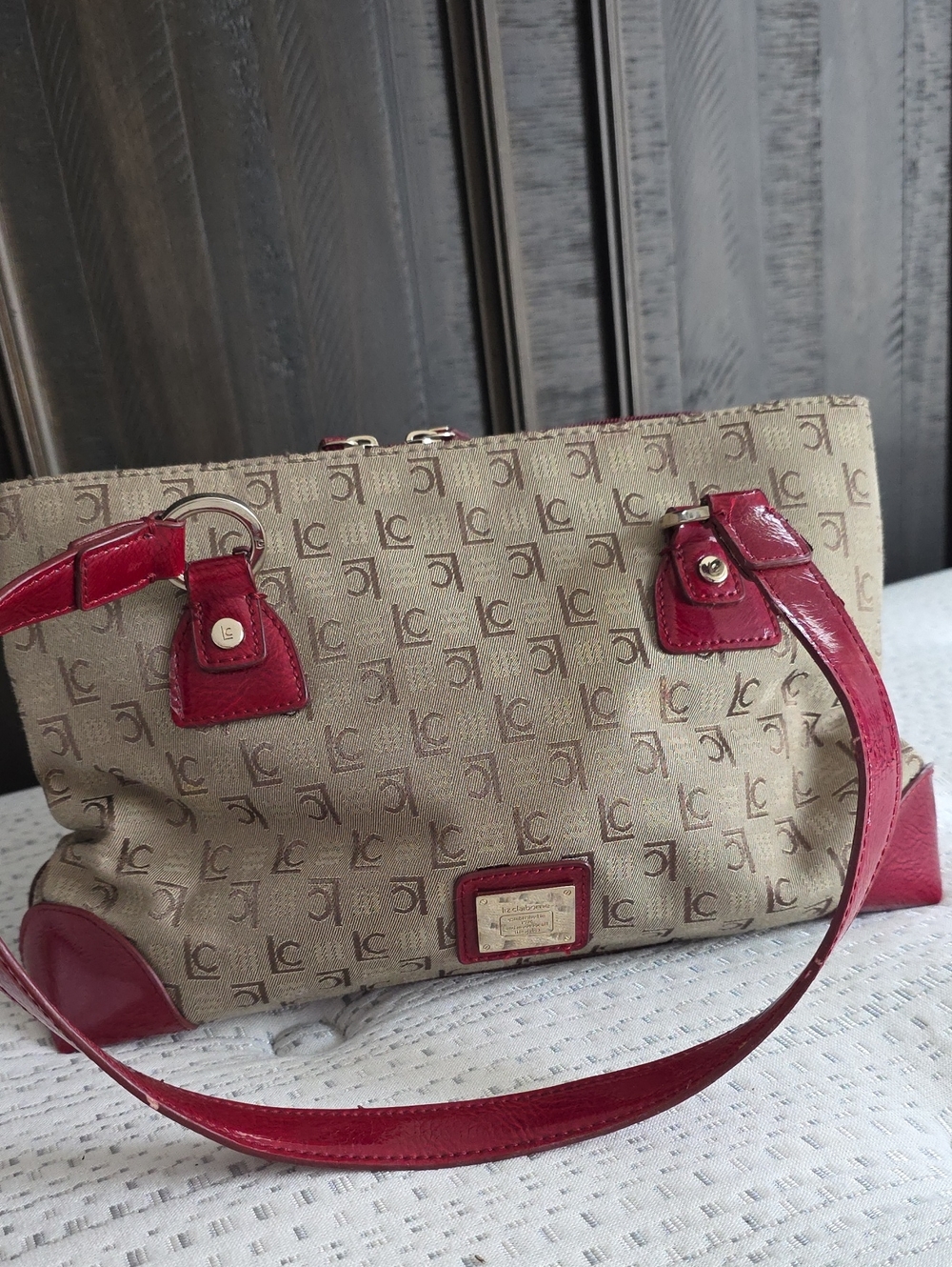Liz Claiborne Y2K Monogram Jacquard Shoulder Bag Burgundy Red